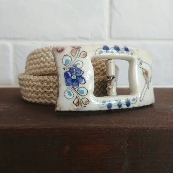 Clay ceramic buckle handpainted in Mexico stretch ivory grey belt - Picture 3 of 13
